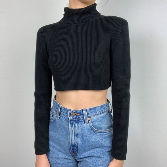 Vintage 90s Y2K Black Turtleneck Crop Top Sweater - Picture 4 of 7